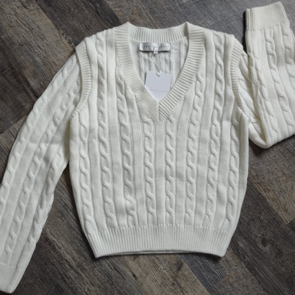 Cable Knit Sweater V-Neck Adele by Endless Rose Winter White Sz M